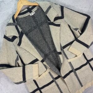 One World Women's Open Front Windowpane Cardigan Ivory Black 2X Longline Sweater